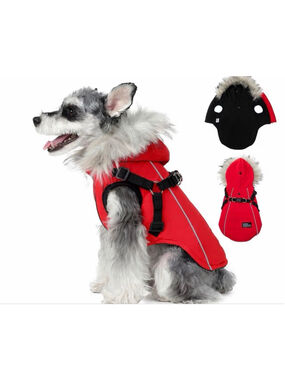 NEW Red Dog Coat Vest Jacket Built in Harness Faux Fur Hood Reflective L